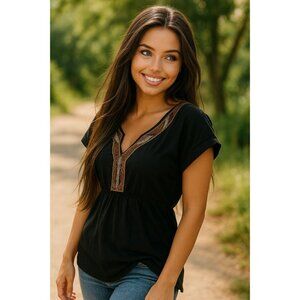 French Laundry Size Medium Black Cotton Tunic Top Embroidered Boho City Chic